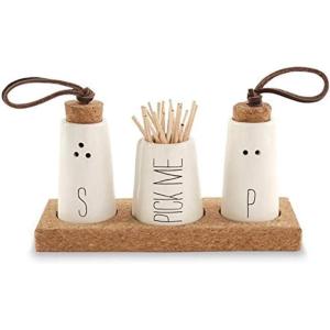 Mud Pie, Off-White Salt, Pepper & Toothpick Holder, Size: tray 2″ x 6″ | shakers 2 3/4″ x 1 1/2″ dia