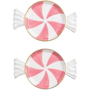 Mud Pie Christmas Green Peppermint Tidbit Plate Set of 2(Pink)