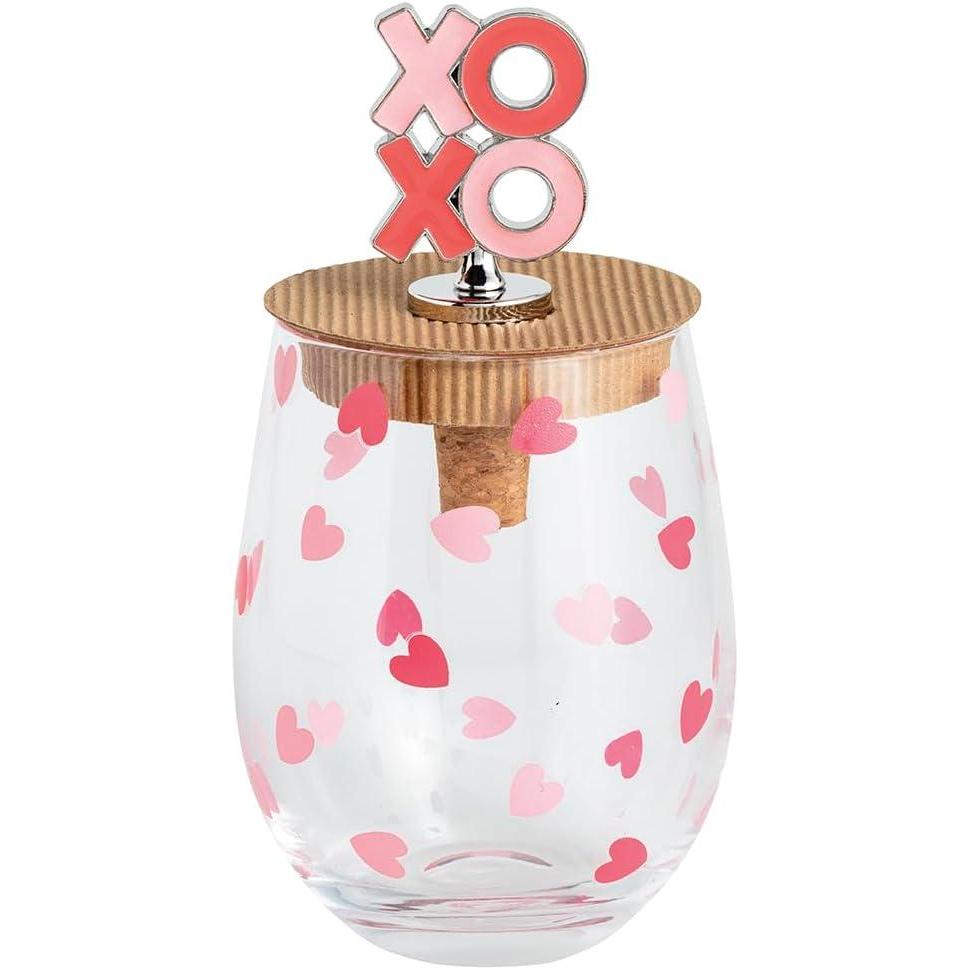 imageMud Pie Valentines Day Bow Pattern Wine Glass ampamp Stopper SetPink