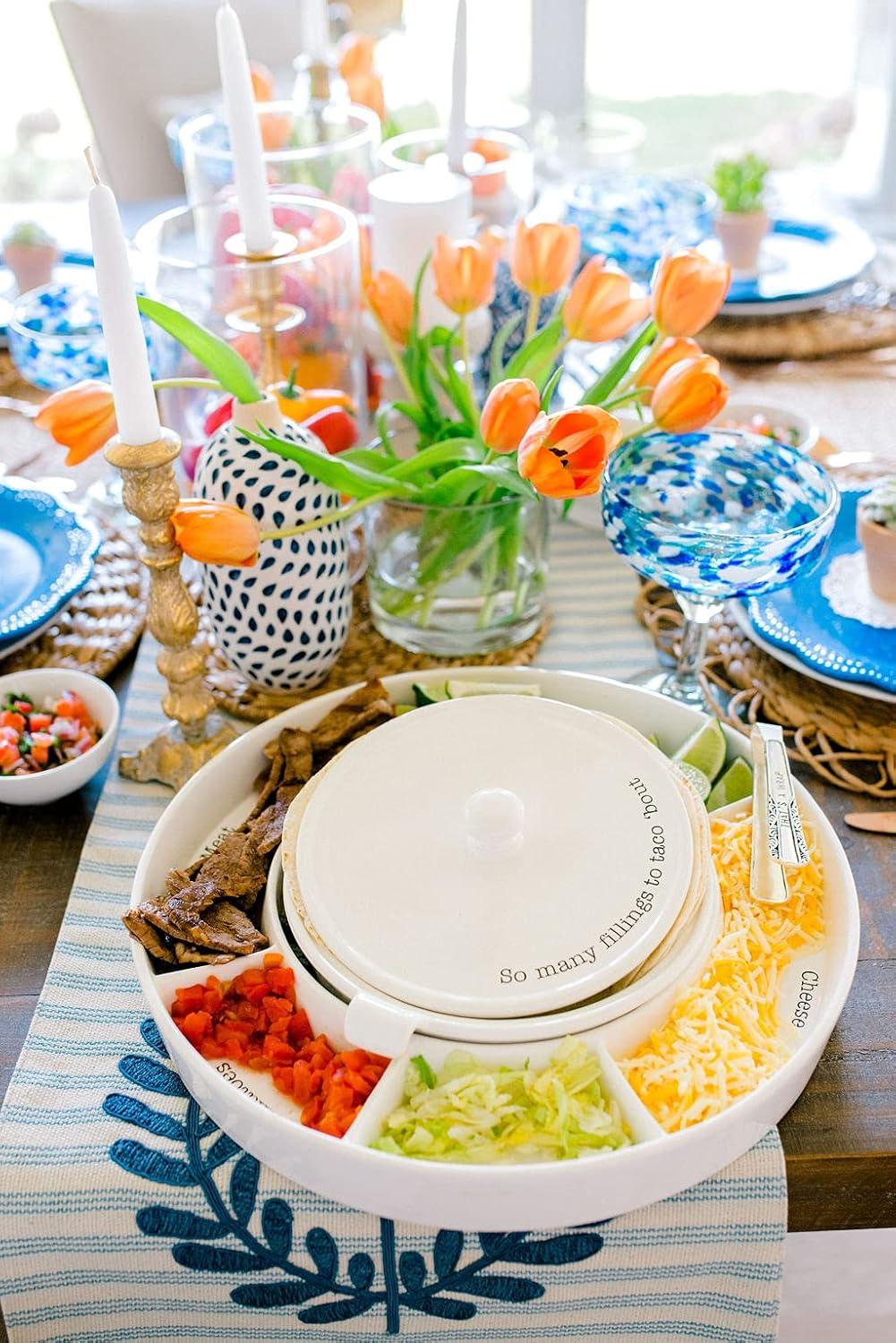 imageMud Pie Taco Bar And Tortilla Warmer 2quot x 15quot dia tongs 7quot White