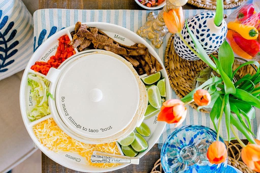 imageMud Pie Taco Bar And Tortilla Warmer 2quot x 15quot dia tongs 7quot White