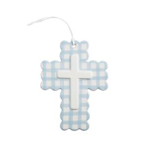 Mud Pie Blue Ceramic Gingham Decorative Cross(BLUE)