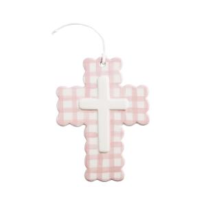 Mud Pie Blue Ceramic Gingham Decorative Cross(PINK)