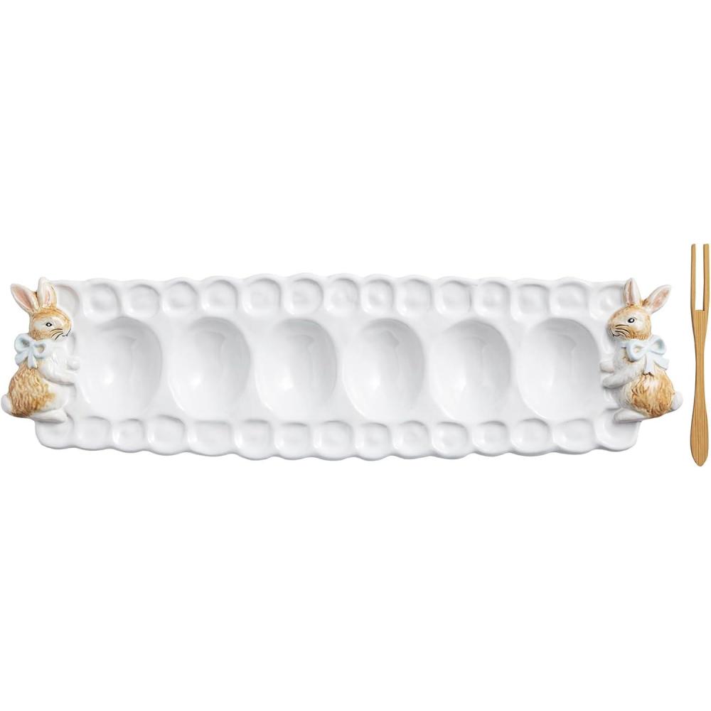 image:imageMud Pie Easter Small Bunny Deviled Egg Tray and Fork SetWhite with Bunny