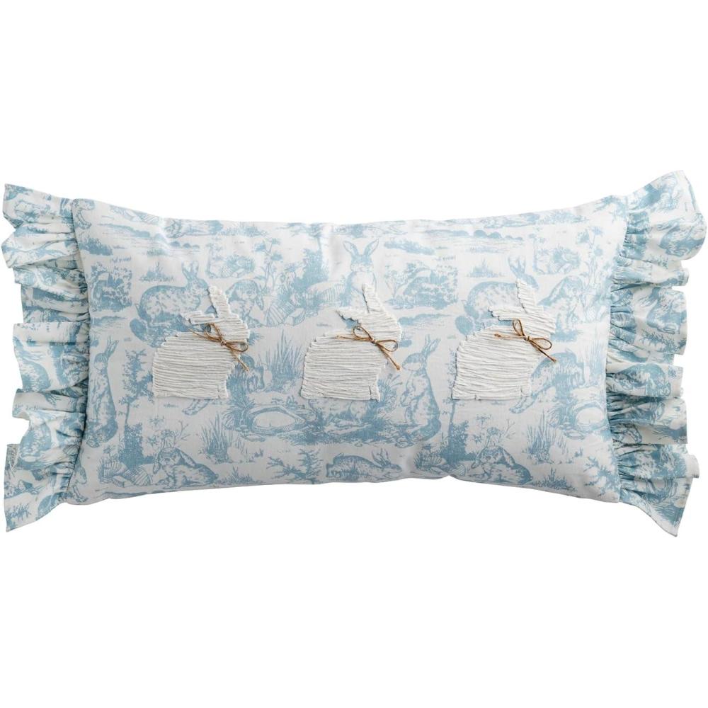 image:imageMud Pie Toile Easter Bunny Lumbar PillowBlue Triple Bunny