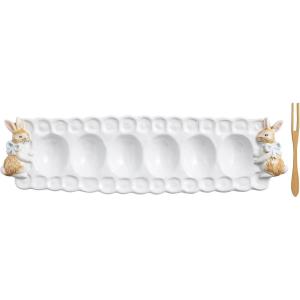 Mud Pie Easter Small Bunny Deviled Egg Tray and Fork Set(White with Bunny)