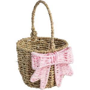 Mud Pie Pink Woven Bow Easter Basket(PINK)