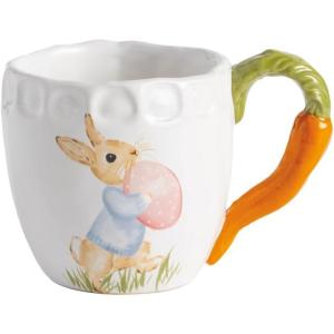 Mud Pie Stoneware Easter Bunny Mug with Figural Pink Tulip Handle(White with Carrot Handle)