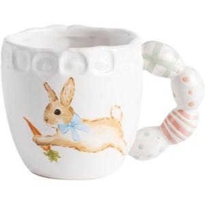 Mud Pie Stoneware Easter Bunny Mug with Figural Pink Tulip Handle(White with Easter Egg Handle)