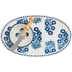 Mud Pie Block Print Tray And Tidbit; tray 6 3/4″ x 11 1/4″ | tidbit 2″ x 3 3/4″ dia | spreader 5 1/4″