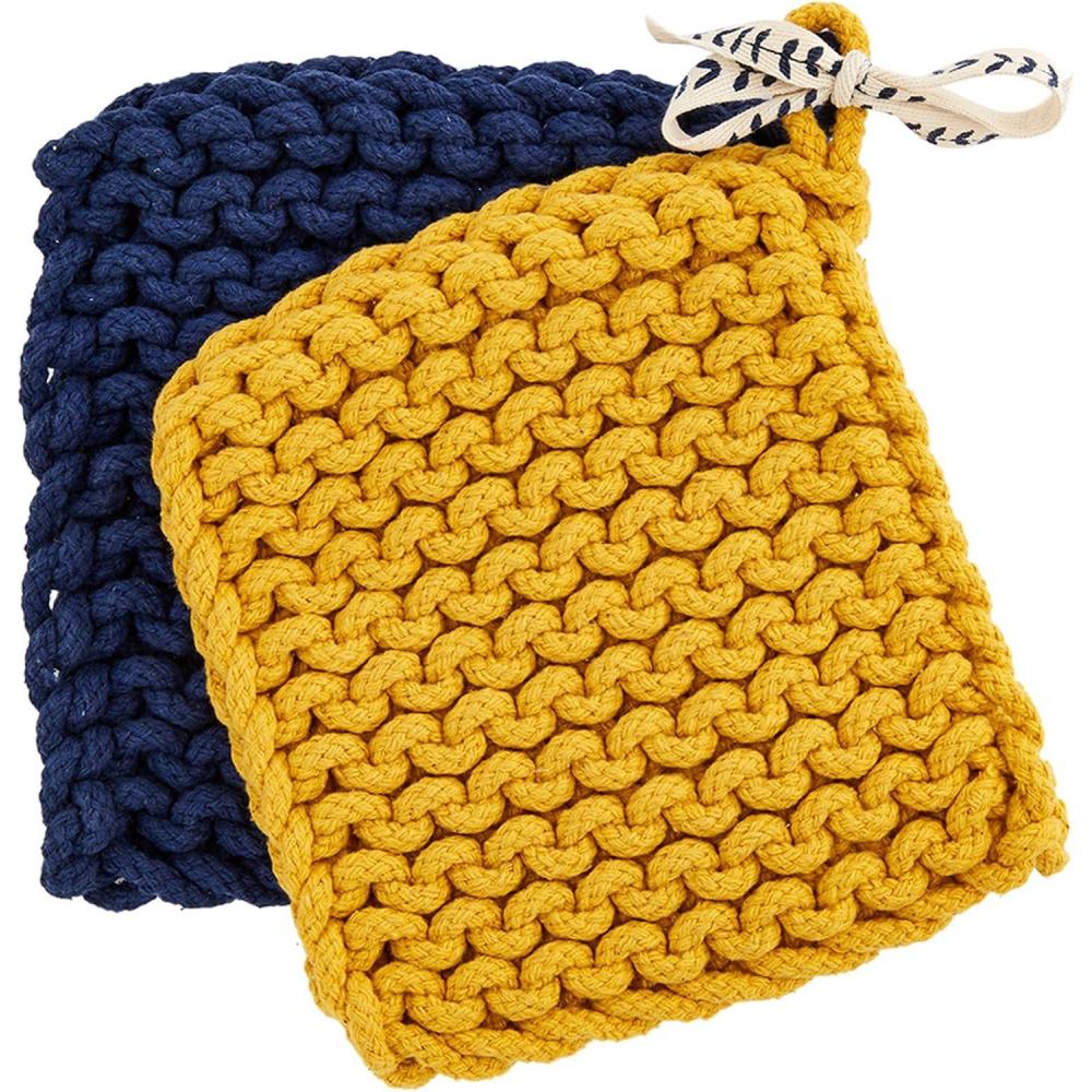 image:imageMud Pie Crocheted Pot Holders Taupe 8 x 8Mustard