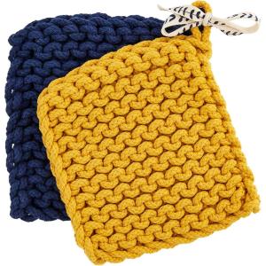 Mud Pie Crocheted Pot Holders, Taupe (8″” x 8″””)(Mustard)