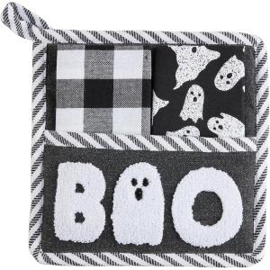 Mud Pie Towel Pot Holder, Boo, Holder 8″ x 8″ | Towel 12″ x 12″