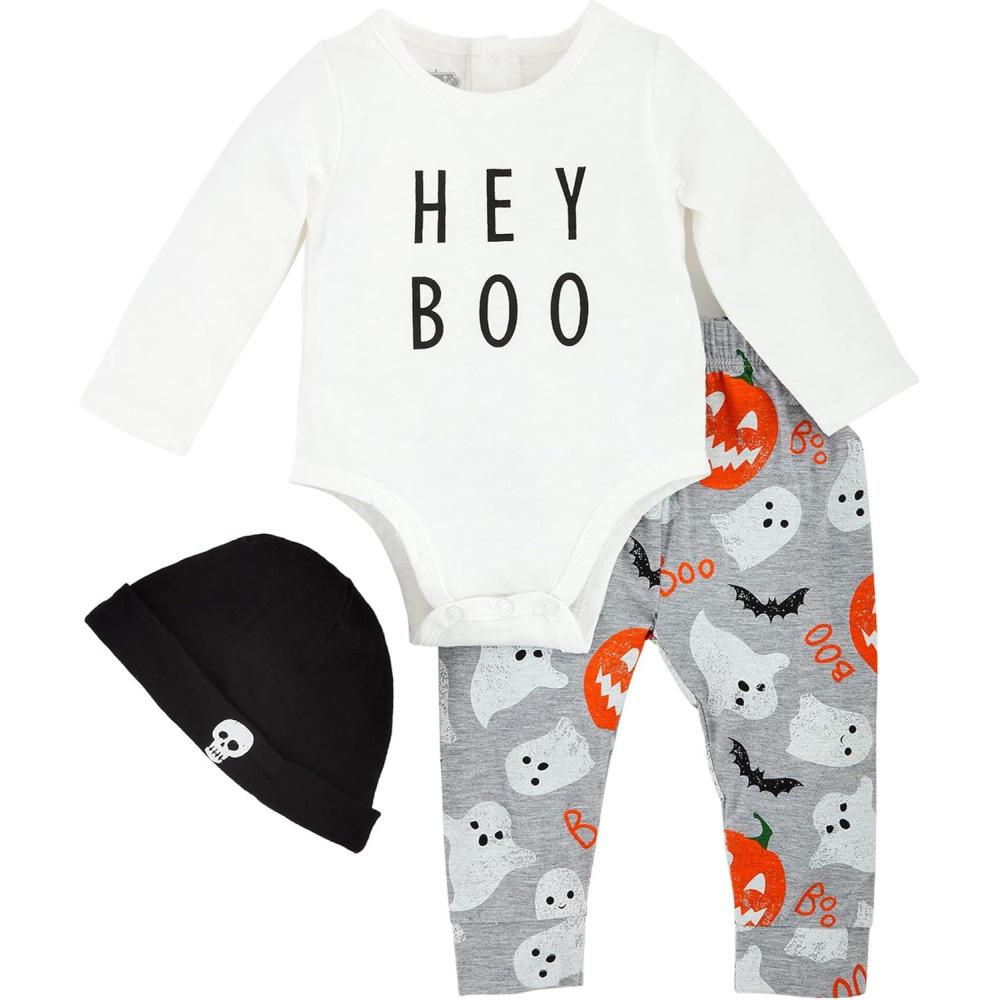 image:imageMud Pie Glow In The Dark Hey Boo Baby Bodysuit Set White 03M