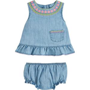 Mud Pie Baby Girls Children’s Rainbow Floral Pinafore Set(Denim)