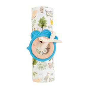 Mud Pie Kids Boy Farm Swaddle and Teether; Swaddle 47″ X 47″ | Teether 3 1/2″ Dia