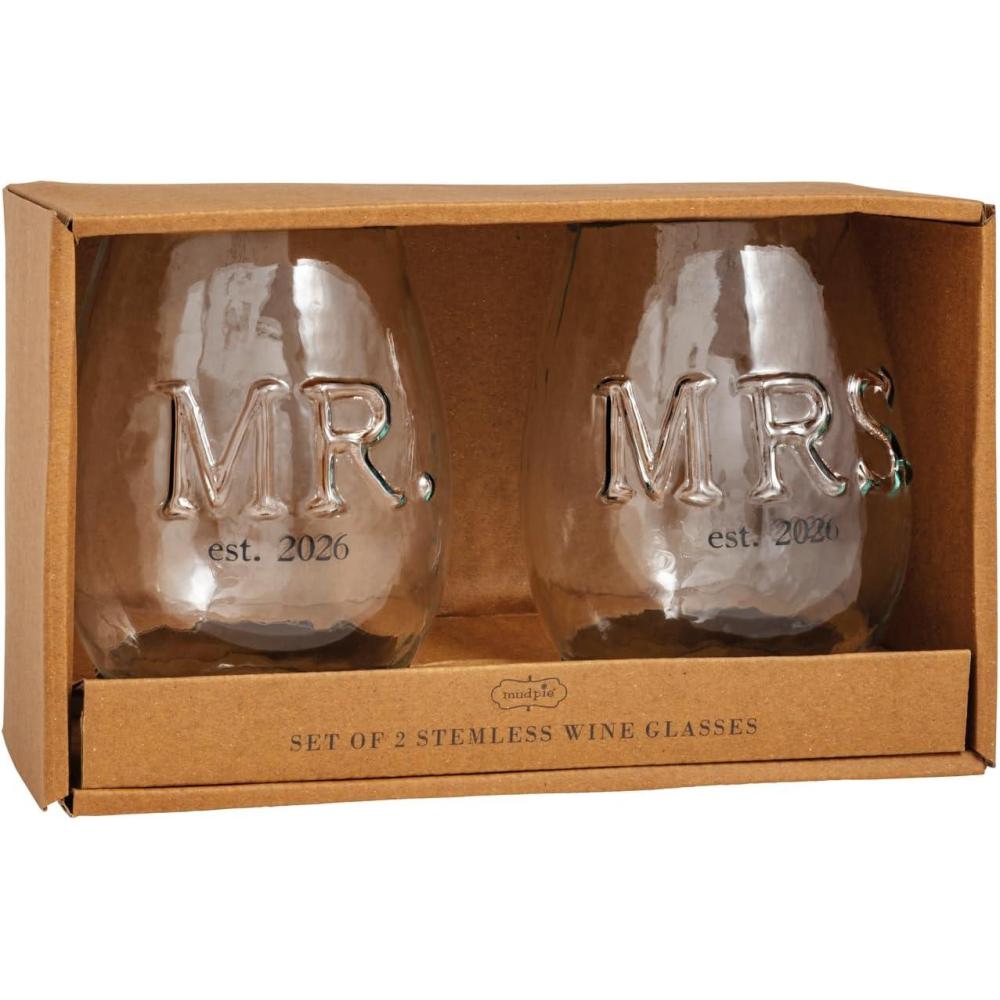 image:imageMud Pie Blue Glass 2026 Mr and Mrs Embossed Glass Set