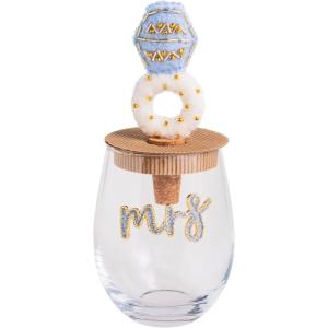 Mud Pie Green Glass Beaded I Do Wine Glass Set(Light/Pastel Blue)