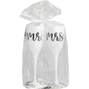 Mud Pie White Acrylic Wedding Mr and Mrs Champagne Flute Set