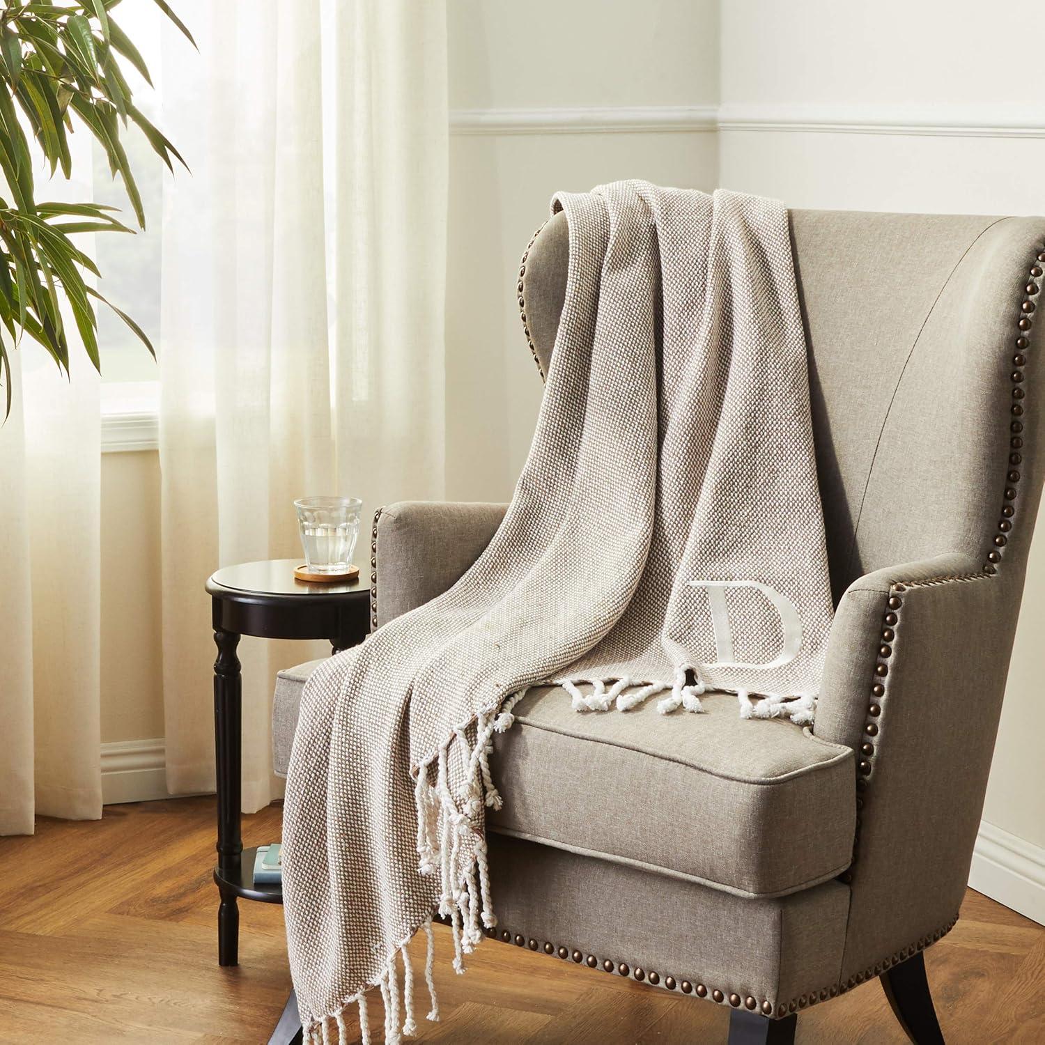 image:imageMud Pie Woven Cotton Initial E Throw Blanket Taupe 70 inches x 50 inchesD