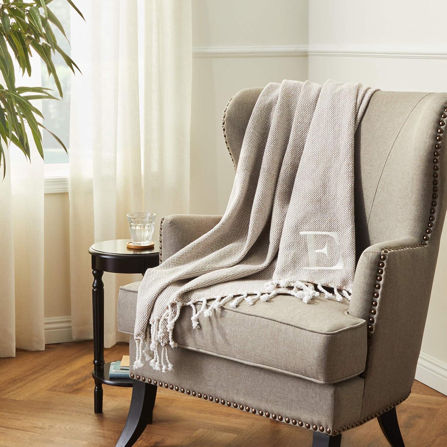 image:imageMud Pie Woven Cotton Initial E Throw Blanket Taupe 70 inches x 50 inchesE