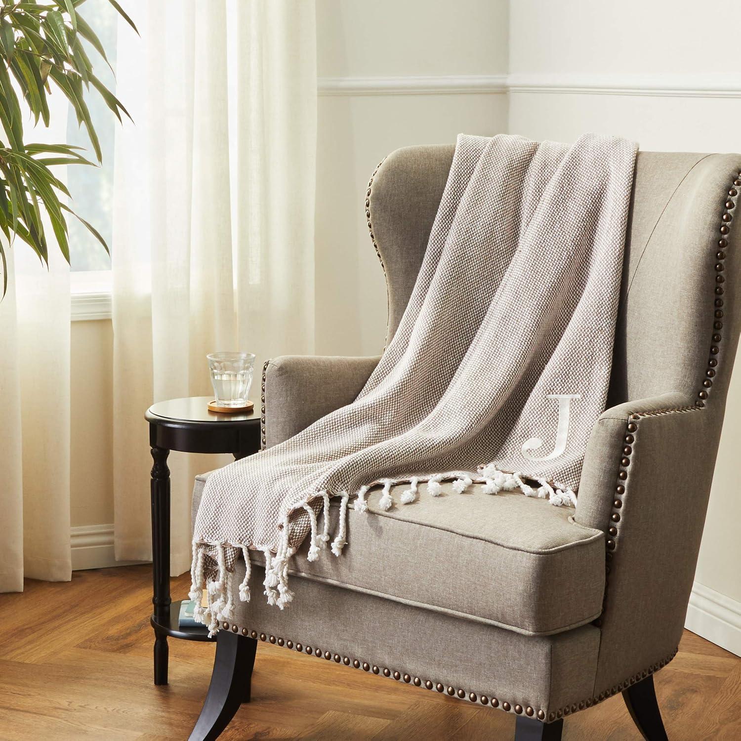 image:imageMud Pie Woven Cotton Initial E Throw Blanket Taupe 70 inches x 50 inchesJ