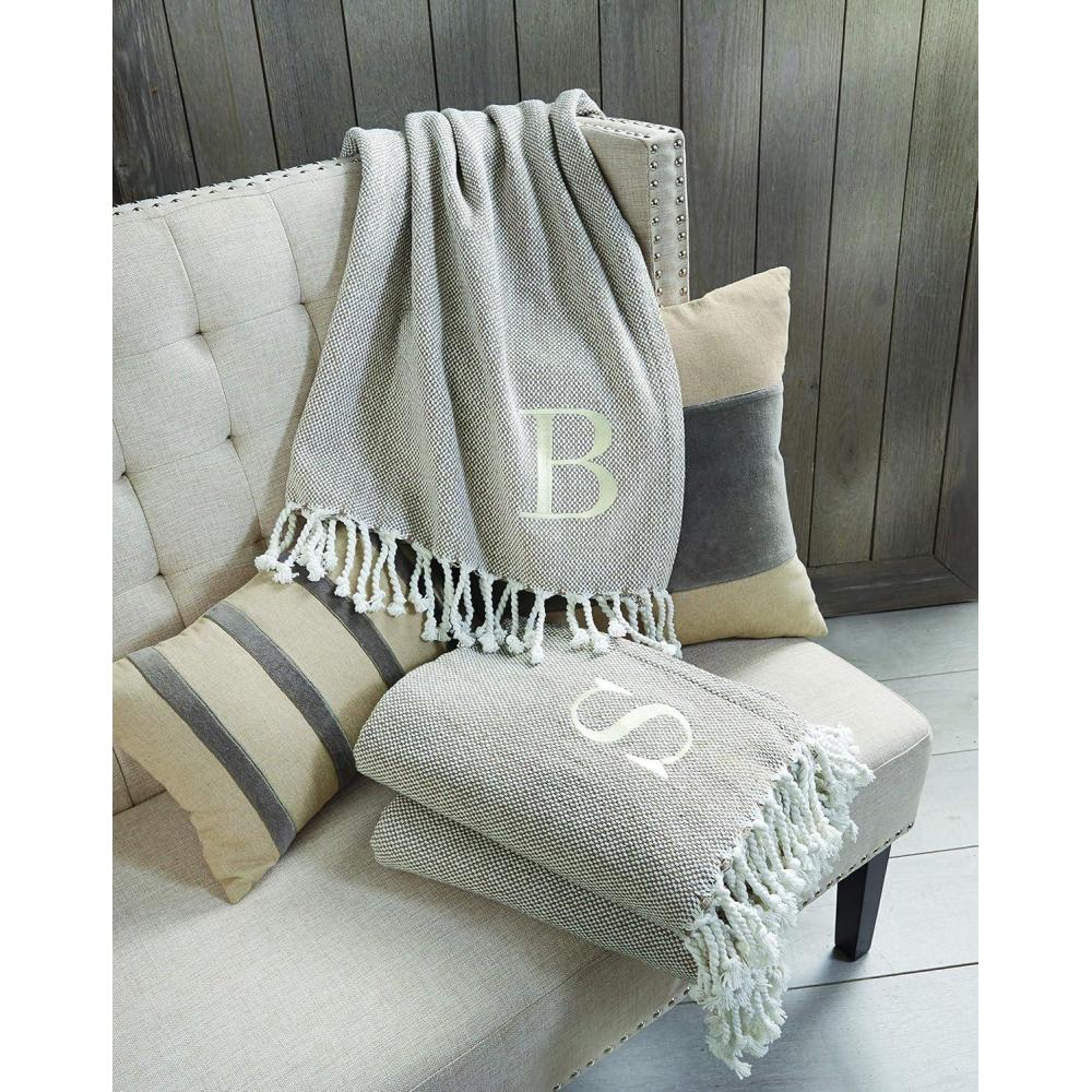image:imageMud Pie Woven Cotton Initial E Throw Blanket Taupe 70 inches x 50 inchesB