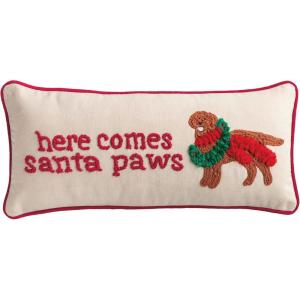 Mud Pie Single Christmas Dog Hooked Wool Pillow, 8″ x 18″, Beige/Khaki