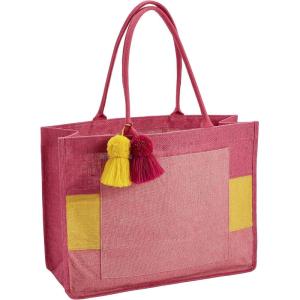 Mud Pie Women’s Jute Tote, Navy, 18.5″ x 14″(Pink Color Block)