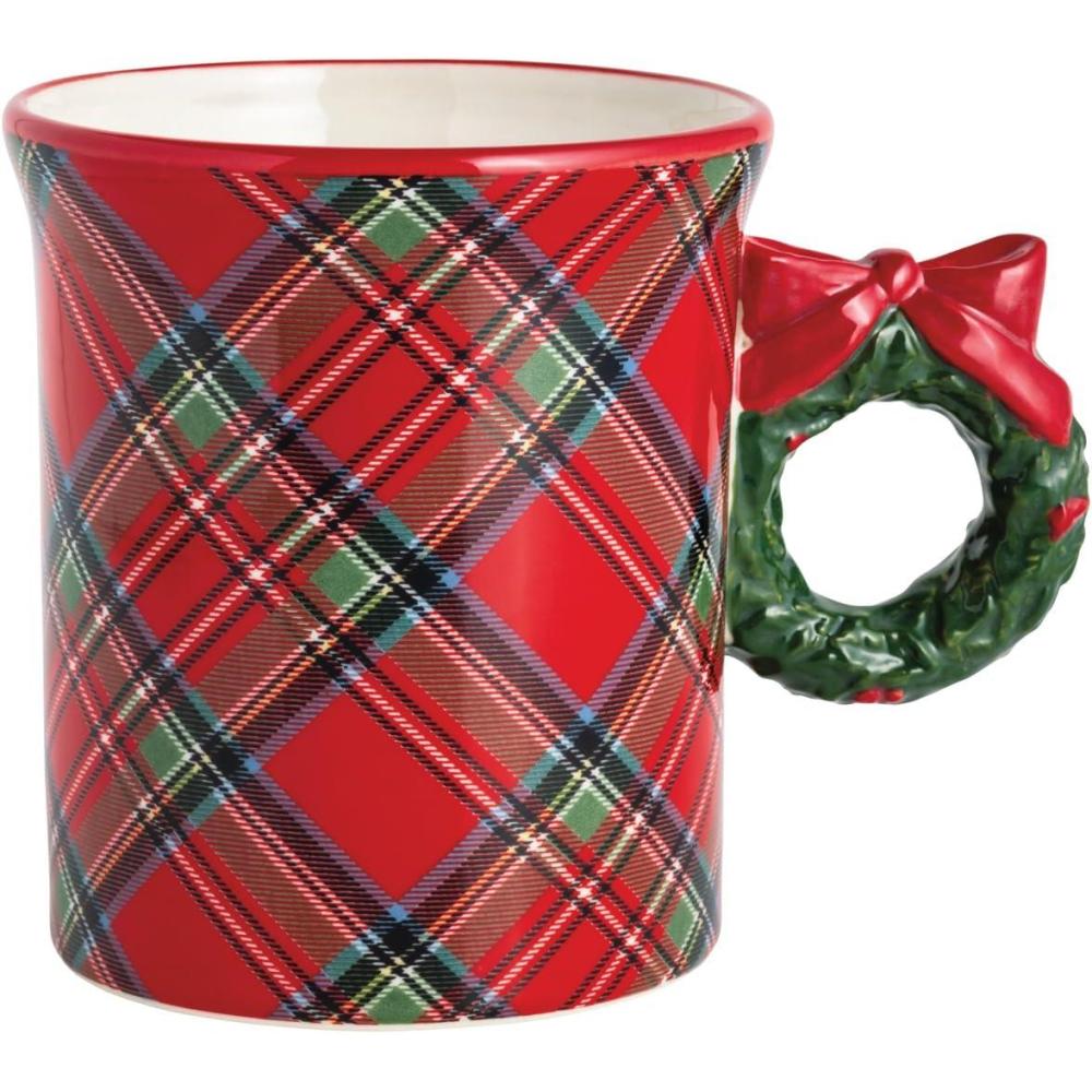 image:imageMud Pie Christmas Wreath Tartan Figural Handle Mug
