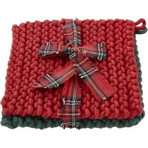 Mud Pie Christmas Crochet Pot Holder Set, Green & Red, 8″ x 8″