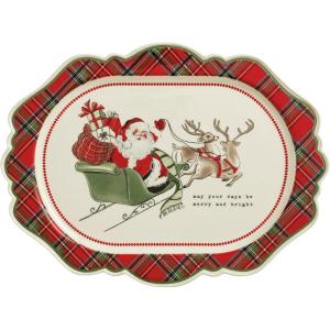 Mud Pie Christmas Santa Sleigh Tartan Platter