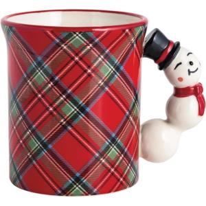 Mud Pie Christmas Snowman Tartan Figural Handle Mug