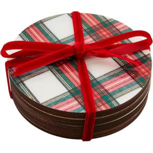 Mud Pie Tartan Lacquer Coaster, White, 4″ Dia