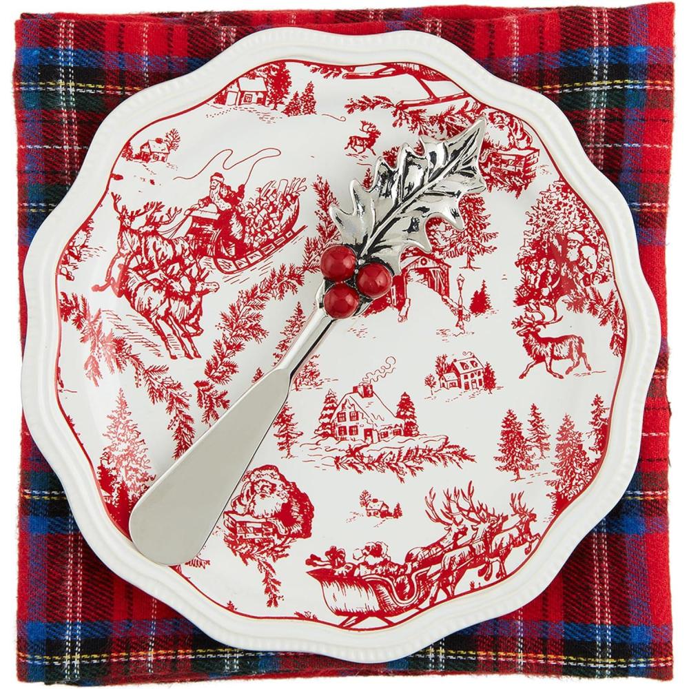 image:imageMud Pie Toile Appetizer Set plate 6 12 dia  towel 26 x 16 12  spreader 5 12