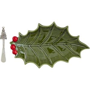 Mud Pie Ceramic Holly Platter; platter 6 3/4″ x 11 3/4″ | spreader 5 1/2″