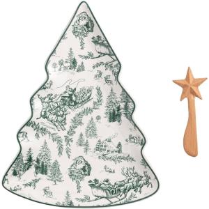 Mud Pie Christmas Green Toile Tree Platter Set