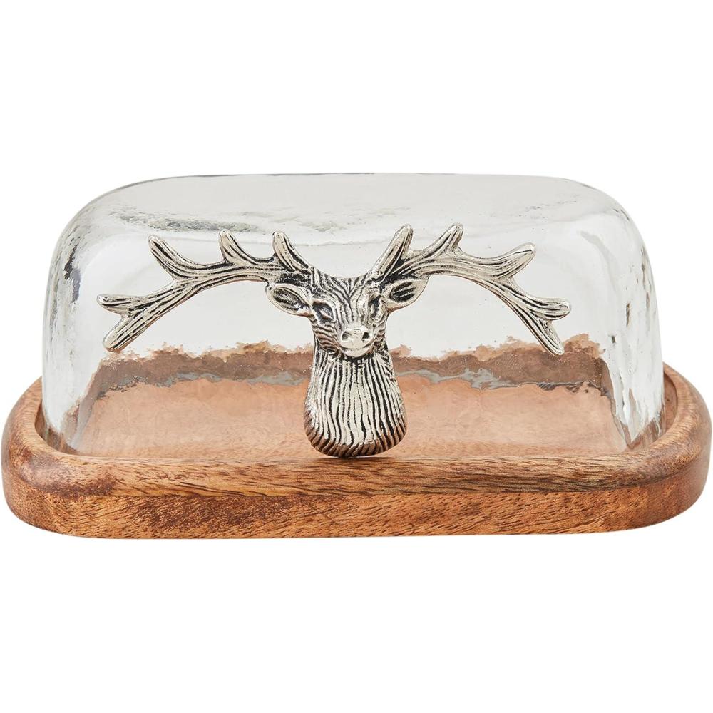 image:imageMud Pie Deer Glass Wood Butter Dish 3 14 x 6 34