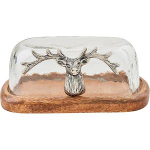 Mud Pie Deer Glass Wood Butter Dish; 3 1/4″ x 6 3/4″