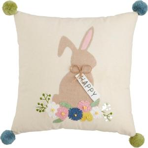 Mud Pie Bunny Embroidered Pillows, 19″ x 18″, Happy(Happy)