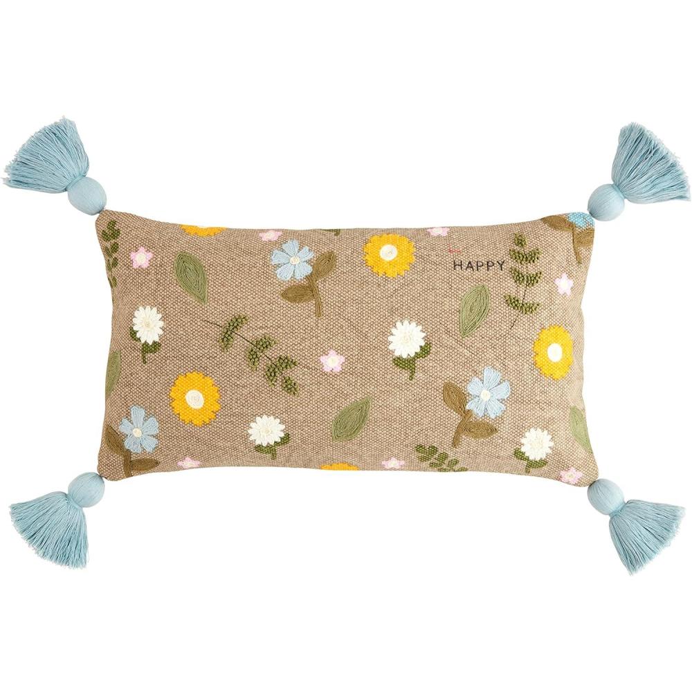 image:imageMud Pie Embroidered Dhurrie Floral Pillow Happy