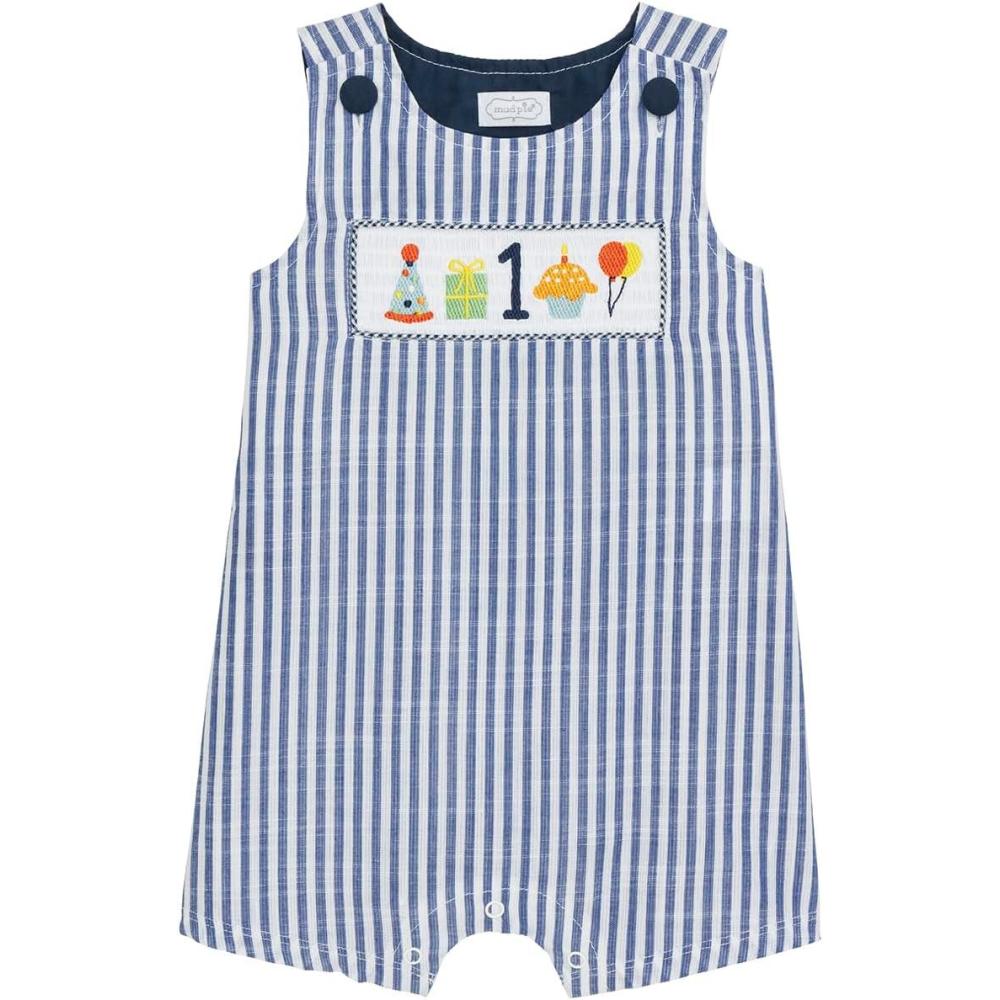 image:imageMud Pie Baby Boy One First Birthday Smocked Jon Jon 1218 Months