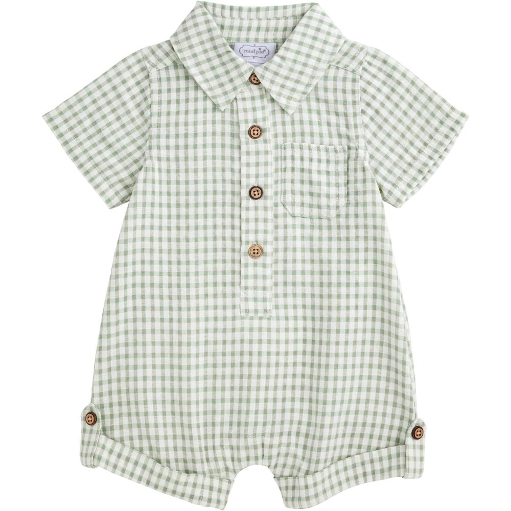 image:imageMud Pie Baby Boy Gingham Collar ShortallGreen