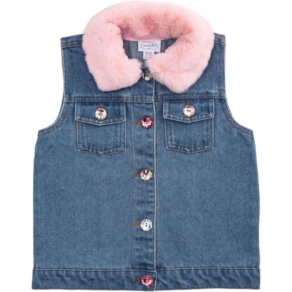image:imageMud Pie Baby Girls Mud Pie Kids Fur Collar Sparkle Denim VestBlue