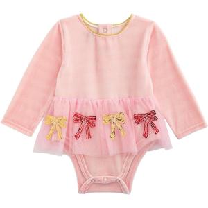 Mud Pie Baby Girls Kids Christmas Velour Sequin Bow Tutu Crawler(Pink)