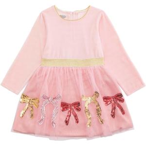 Mud Pie Baby Girls Kids Christmas Velour Sequin Bow Tutu Dress(Pink)
