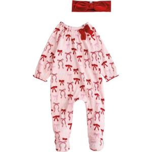 Mud Pie Baby Girls’ Mud Pie Kids Christmas Christmas Bow Sleeper(Pink)