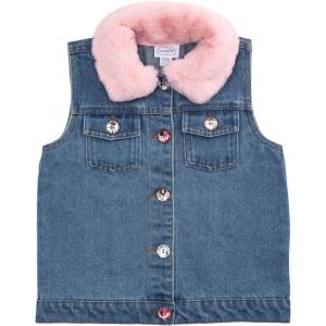 Mud Pie Baby Girls’ Mud Pie Kids Fur Collar Sparkle Denim Vest(Blue)