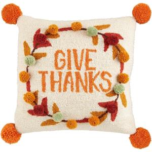 Mud Pie Give Thanks Hooked Wool Pillow, 16″ x 16″, Orange